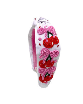 Red Cherry & Pink Bow Beaded Knotted Headband